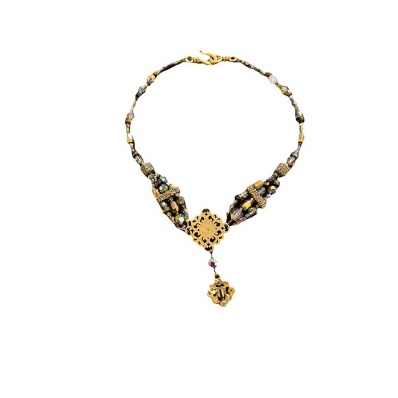 Victorian Style Choker Necklace Gold Tone Black Iridescent Crystal Statement - Picture 7 of 9